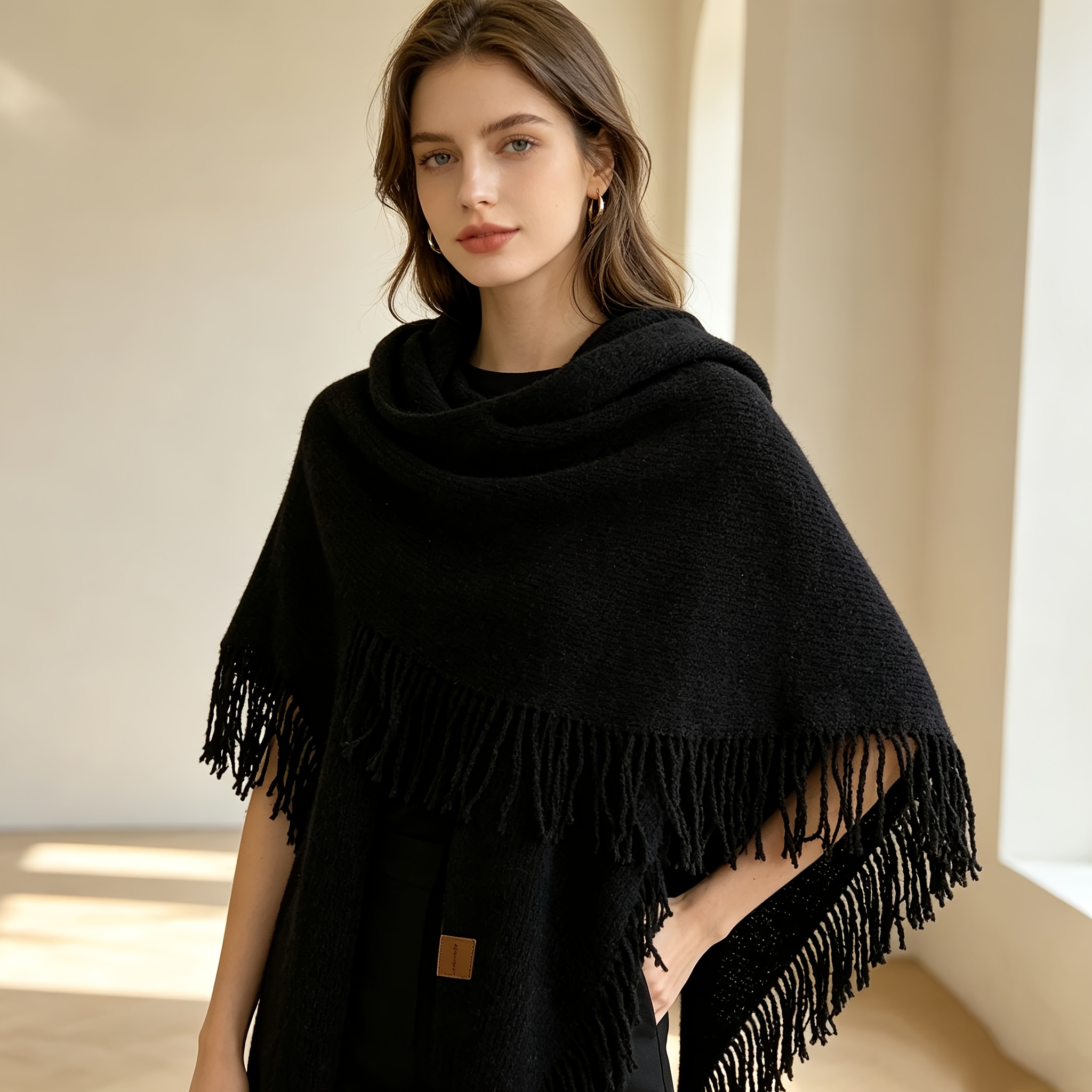 Fringed Triangle Shawl, Solid Color Scarf for Autumn/Winter